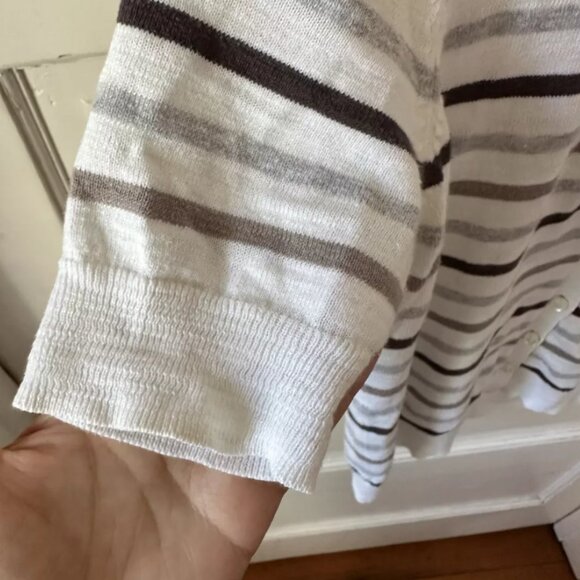 Caslon Striped Button Up V-Neck 100% White Cotton Knit Tee rn58665 - Picture 8 of 9